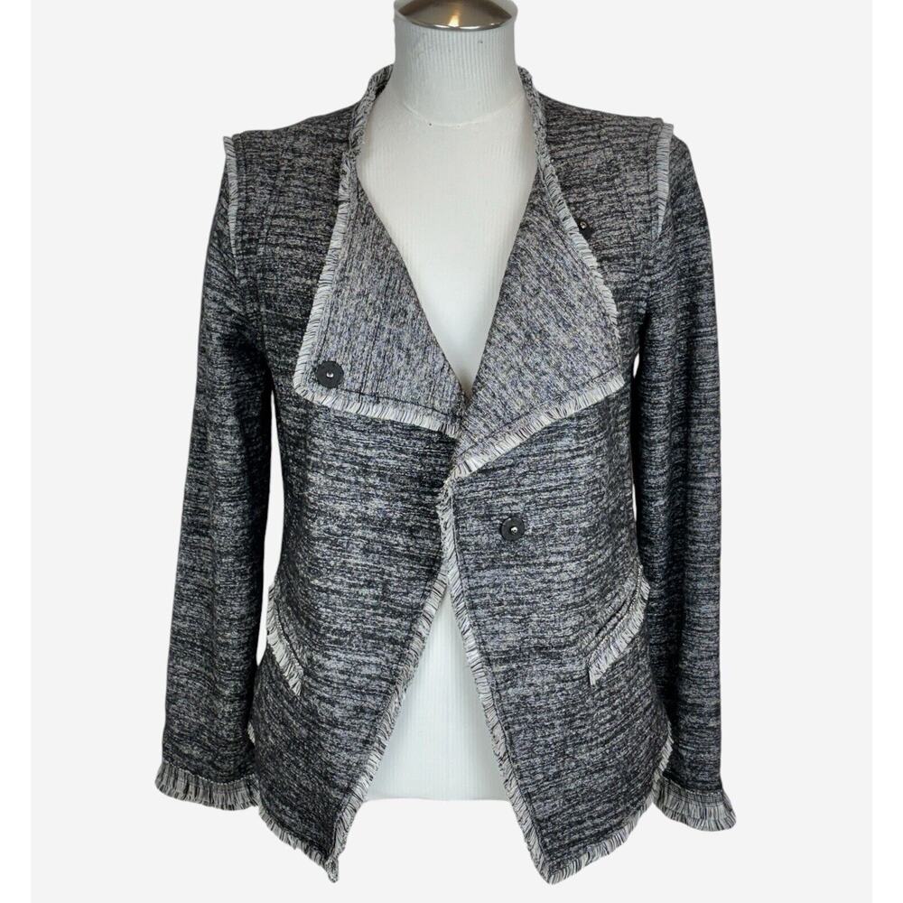 BANANA REPUBLIC Small Asymmetrical Black Gray‎ Tweed Jacket Fringe Career Casual
